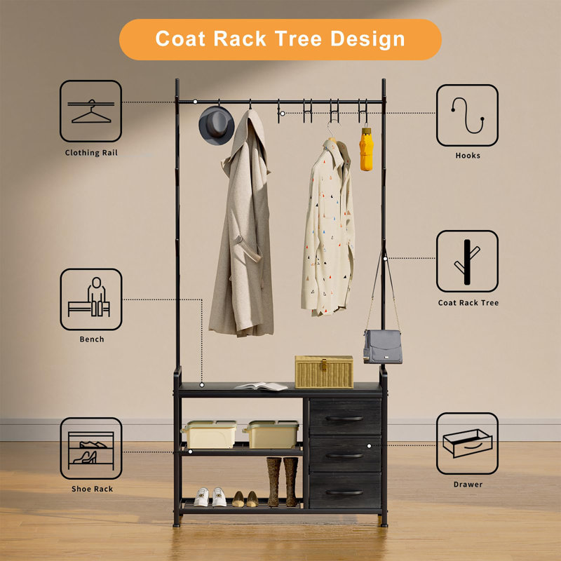 Hall Tree 84cm Wide with Bench and Shoe Storage, Black