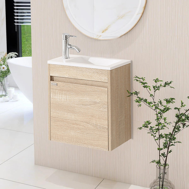 16” Bathroom Vanity Sink Combo For Small Space Wall Mounted Cabinet Set, Natural