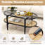 Table basse à 2 niveaux avec plateau en verre trempé avec tablette en rotin Pe et cadre en bois d'acacia noir