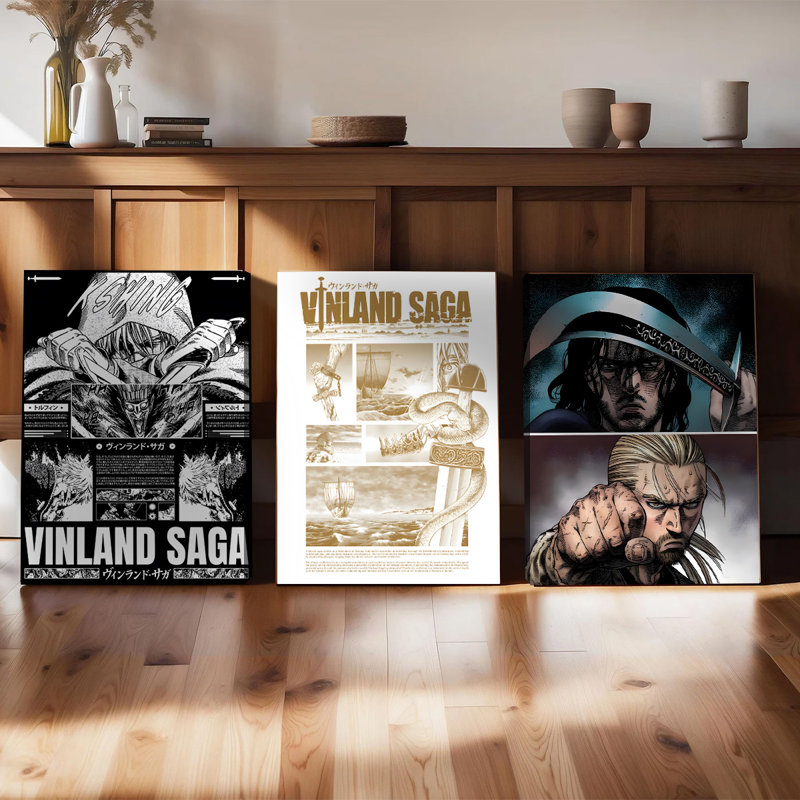 3PCS Wall Arts Posters Framed, Vinland Saga Anime Decorative Canvas Prints Set of 3 Japanese Manga Artwork Wall Decor for Living Room Bedroom Office Modern Home Decoration Featuring Thorfinn and Viking Characters High Quality Poster