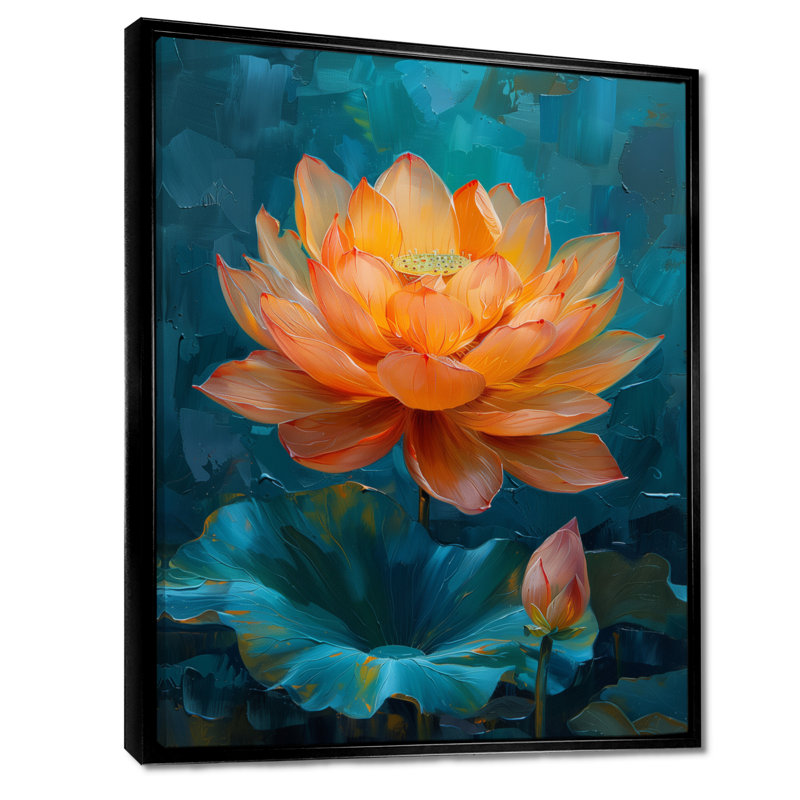«Vibrant Orange and Blue Lotus Bloom II», impression d'art mural Lotus, Cadre flottant noir, H 12 po x l 20 po