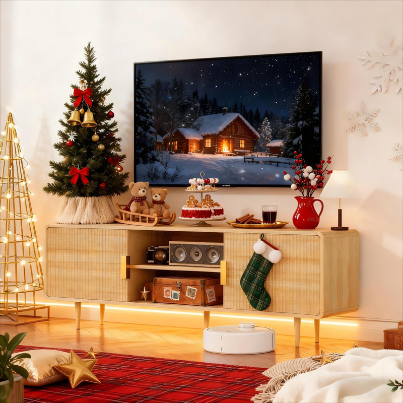 Round Corner TV Stand Entertainment Center – Modern Storage Cabinet & Cable Management for TVs Up to 65", Natural Wood
