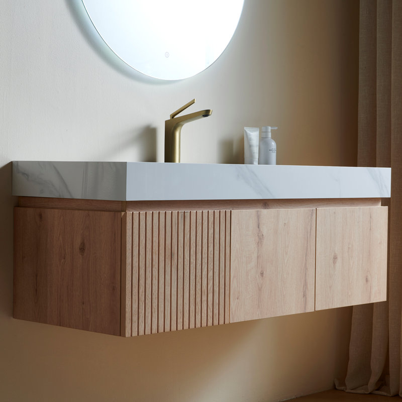 Meuble-lavabo flottant 48 po avec comptoir en pierre frittée Muri, Chêne blanc, Blanc de Carrare, 48"