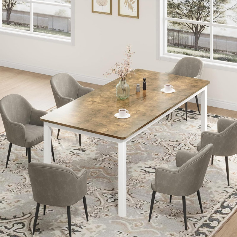 Table de salle à manger industrielle pour 6 à 8 personnes, grande table rectangulaire en bois avec pieds robustes en métal, coins arrondis