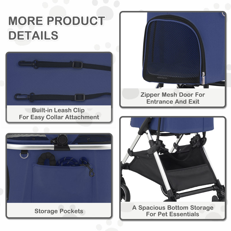 3-In-1 Pet Stroller, Foldable Dog Cat Jogger Stroller With Detachable Carrier, Multi-Angle Handle, Navy