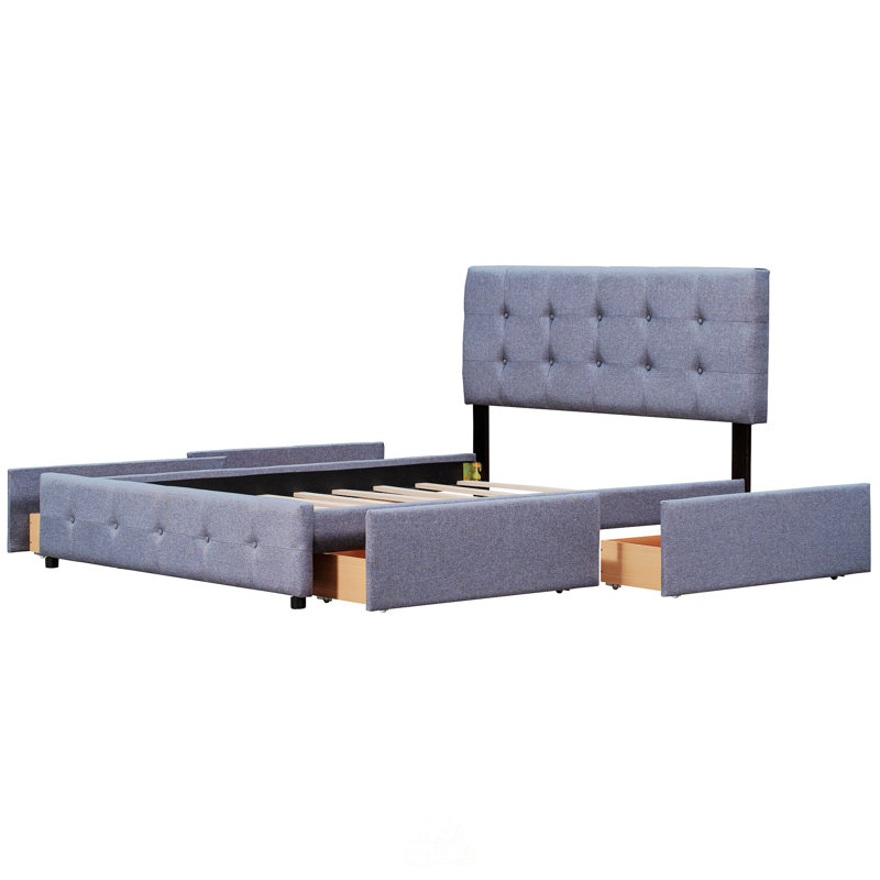 Lit plateforme tapissier avec tête de lit classique et 4 tiroirs, Gris foncé