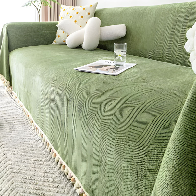 Chenille Sofa Cover With Tassel Ball, Durable, Stain Resistant