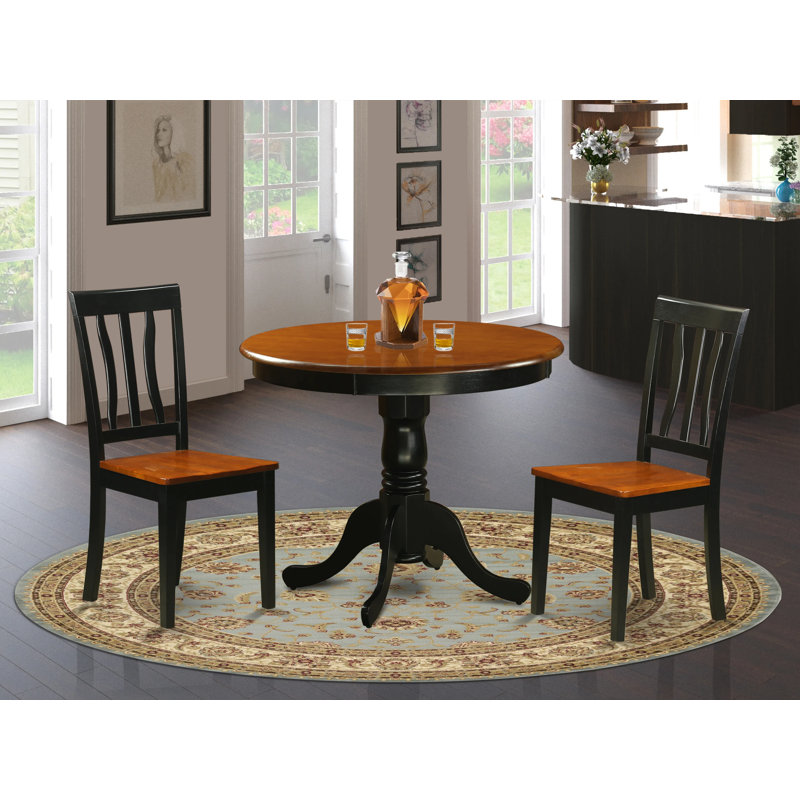 3 Piece Kitchen Table & Chairs Set Contains a Round Dining Room Table with Pedestal and 2 Solid Wood Seat Chairs, Black & Cherry