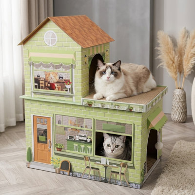 Maison de chat en carton pour chats d'intérieur, cachette de griffoir à thème de café avec tampons à gratter, maisonnette pour chatons, lapins et petits animaux