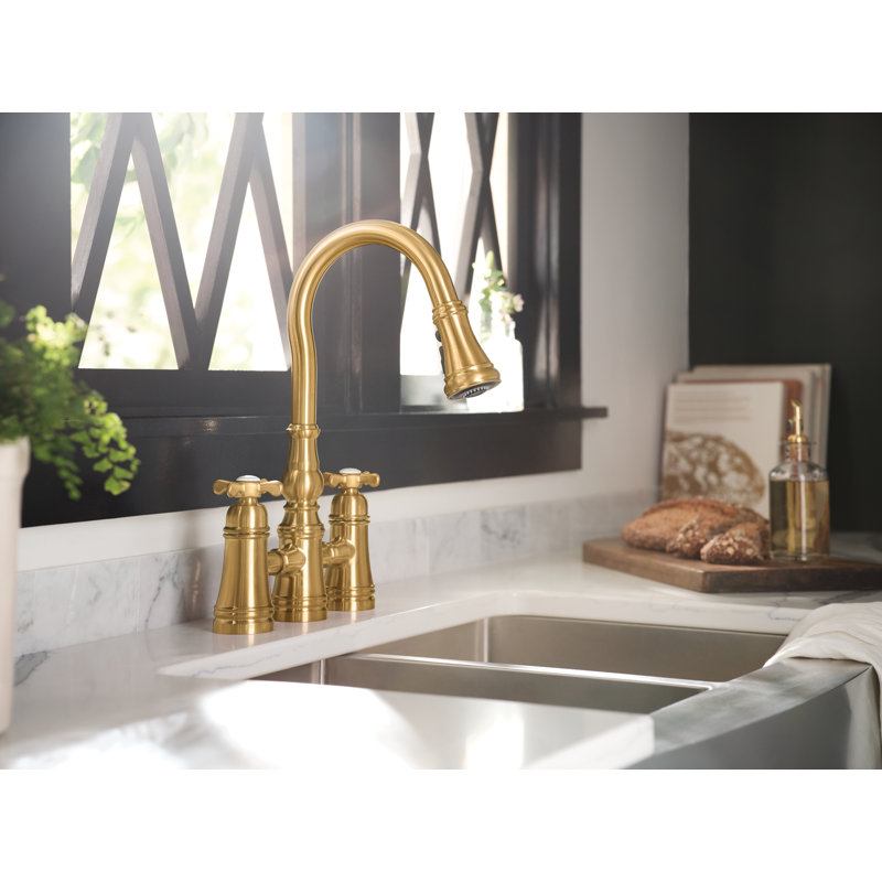 Weymouth Pull Down Touch Double Handle Kitchen Faucet, Brushed Gold