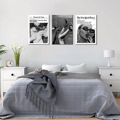 Trendy The New York Times, art mural encadré de 12 po x 16 po, affiches en toile élégantes et féministes en noir et blanc, affiches rétro à cocktail tendance, chariot de bar, journal, salon, ensemble de 3