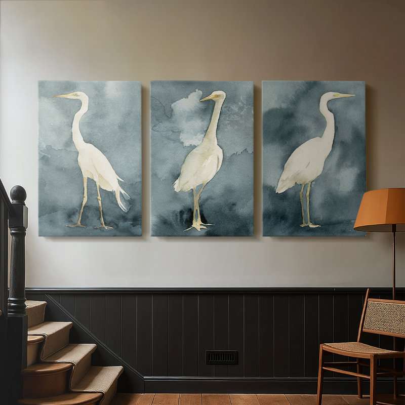 Simple Egret I - toile tendue avec châssis sur mesure - 3 pièces, H 48 po x l 96 po, Impression sans cadre