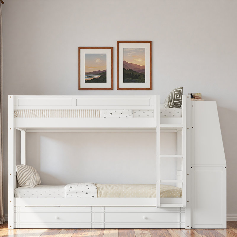 Lit superposé multifonctionnel avec bureau, étagères et tiroirs, Blanc