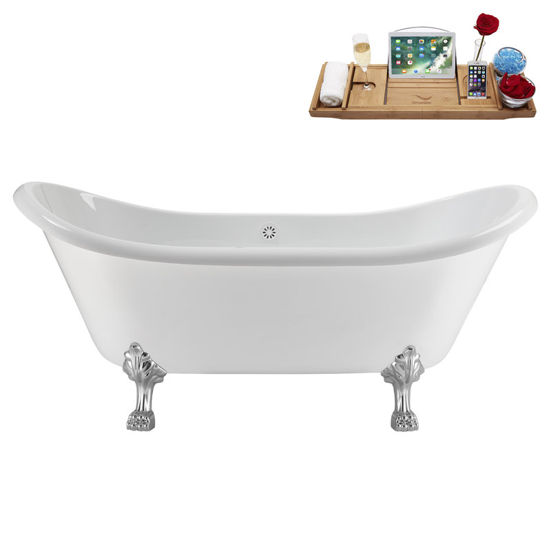 71" Streamline Clawfoot Tub,Tray,Drain and Clawfeet, Polished Chrome, Glossy White