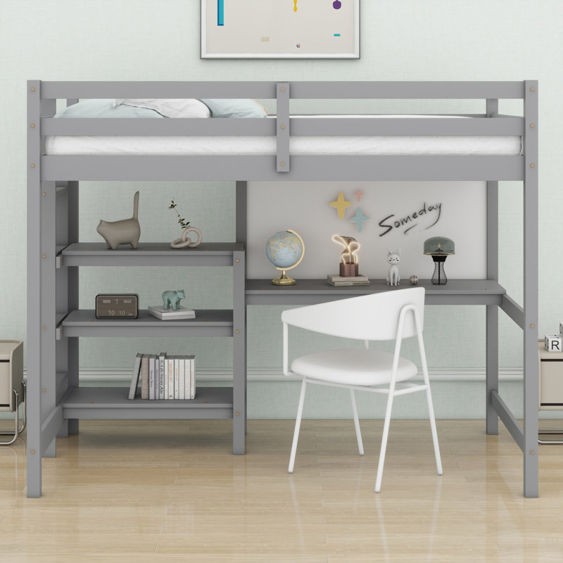 Lit mezzanine en bois avec tablettes, bureau et tableau d'écriture, Gris