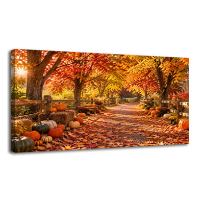 Tableau encadré sur toile, représentant un sentier d'automne bordé de feuilles colorées et de citrouilles. Décoration murale moderne et esthétique. Impression sur toile tendue, 51 cm x 102 cm. Peinture texturée, prête à accrocher pour le salon, la chambre à coucher, la salle de bain, la salle à manger ou le bureau.