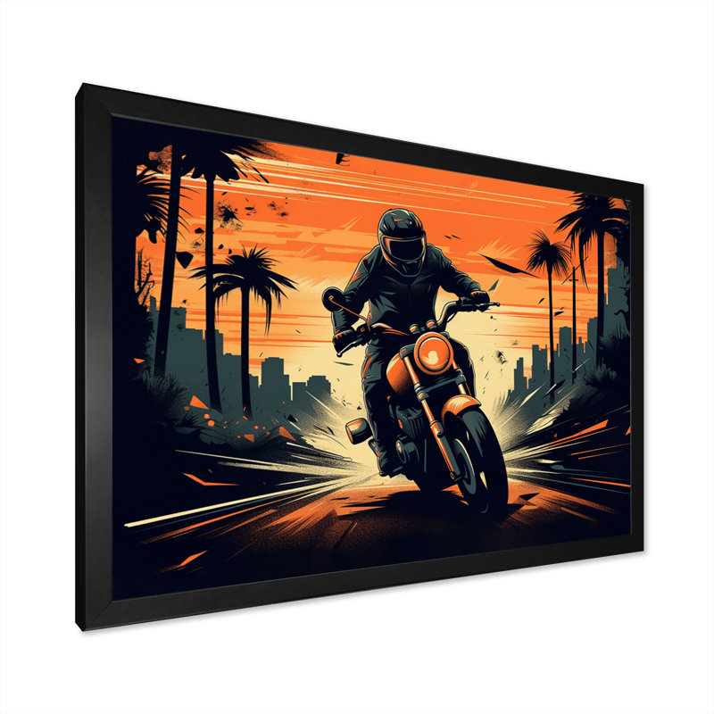 " Motorcycle Roaring Down The Boulevard IV ", Black Picture Framed, 12" H x 20" W