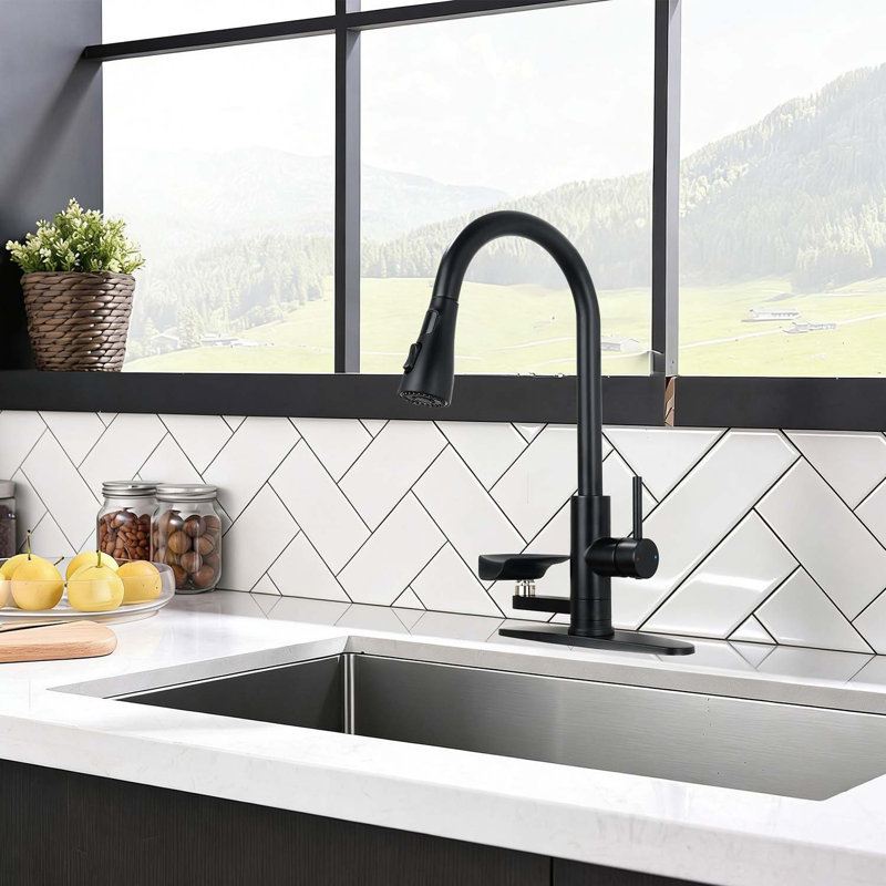 Robinet de cuisine 3-en-1 noir mat avec affichage de la température à DEL 3 couleurs, pulvérisateur rétractable, rinçage à pression et 3 modes de pulvérisation