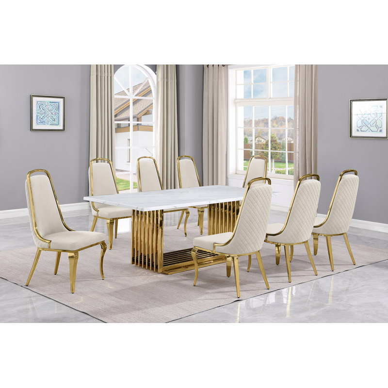 Ensemble de salle à manger rectangulaire L 79 po x l 40 po Kenne, 9, Crème / doré, Or