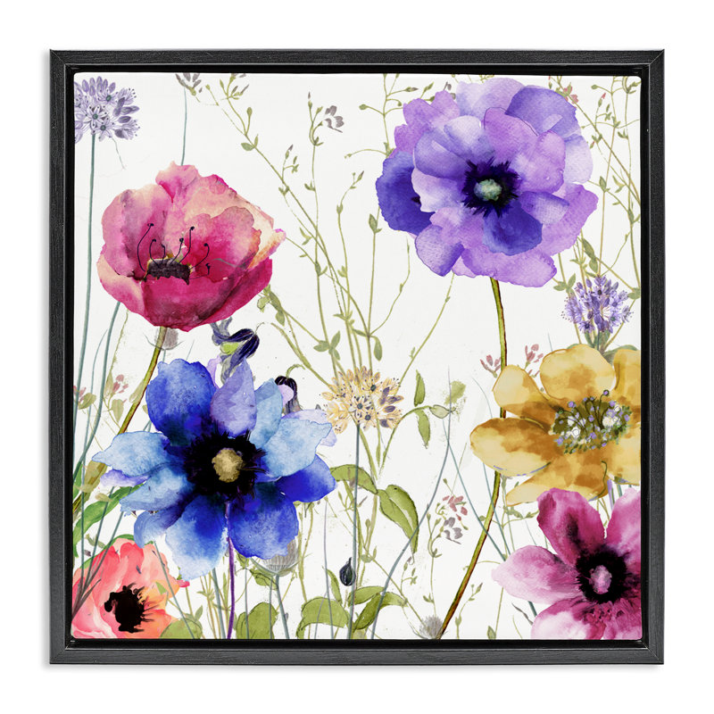 Modern Spring Garden Flowers Floating Frame, design by Sasha, Jet Black Floater Frame, 18" H x 18" W