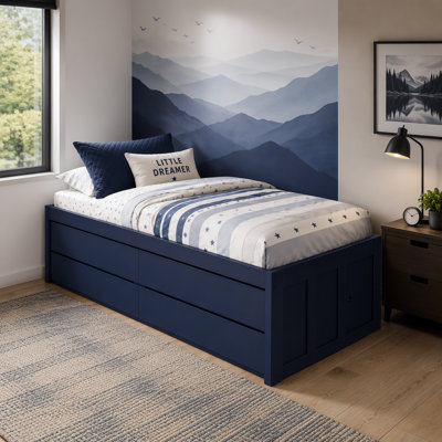 Captain Bed with 4 Storage Drawers, Side Storage Door, Wood Platform Bed Frame with Slat Support, Space-Saving Storage Bed for Kids Teens Adults
