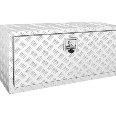 Coffret de rangement pour camionnette, 91 x 43 x 46 cm, en aluminium robuste, étanche, verrouillable, avec poignée en T. Idéal pour camionnette, fourgonnette ou remorque. Protégez votre équipement de l'humidité. Coffret de rangement en tôle d'aluminium à damier de 91 x 43 x 46 cm, verrouillable à clés.