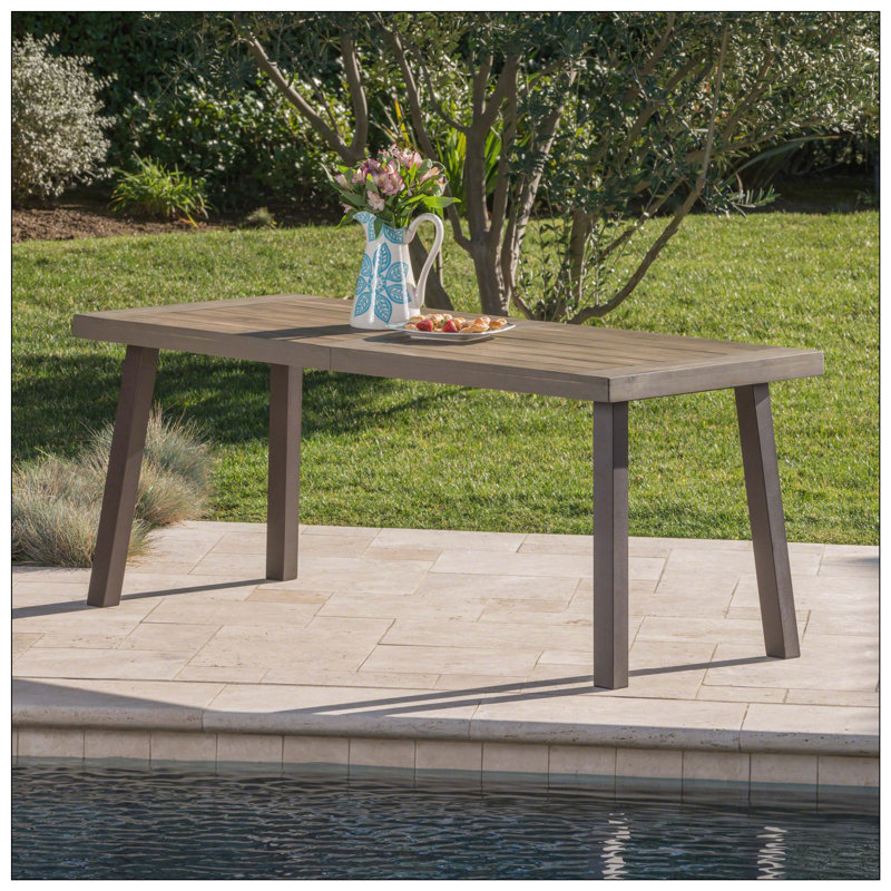 Table de salle à manger d'extérieur, plateau en bois d'acacia, pieds en métal, silhouette minimaliste, idéale pour les dîners et les rassemblements