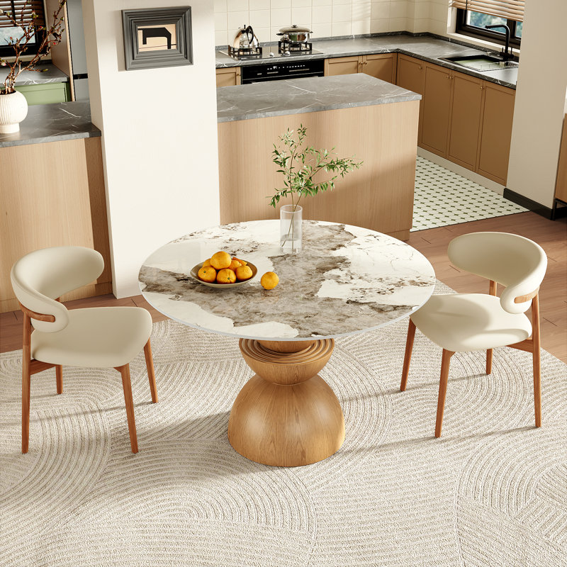 3/5/7 Pcs Modern Rustic Round Sintered Stone Dining Table Sets With Comfort Upholstered Kitchen Chairs For 2/4/6, Pandora