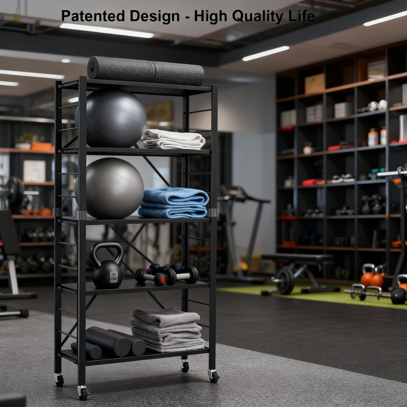 Étagère de rangement pliable à 5 niveaux avec roulettes, étagère réglable en métal extensible, support de rangement pliable 3-en-1 pour le garage, le garde-manger, la cuisine et l'organisation à la maison