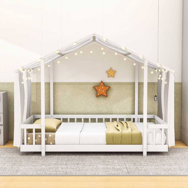 Lit plateforme avec baldaquin, lumières et garde-corps, Lit simple, Blanc