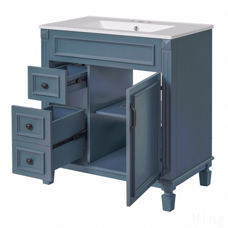 Meuble-lavabo 30 po avec lavabo en céramique, petite armoire moderne, 2 tiroirs, tablette réglable, Bleu