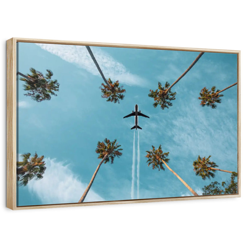 Avion au-dessus de palmiers, Cadre flottant en bois naturel, 46 po x 31 po