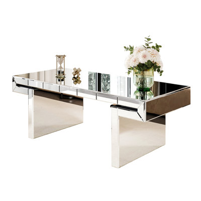 47 Inches Rectangular Mirror Coffee Table With Fluted Tempered Glass, 2 - Step Setup, Finish, Living Room Piece Easy Assembly, Scratch , Side Addition