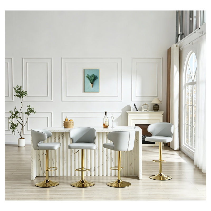 Ensemble de 4 tabourets de bar modernes rotatifs réglables avec dossier en cuir de polyuréthane, chaises de comptoir pivotantes pour îlot de cuisine et salle à manger, finition grise et dorée