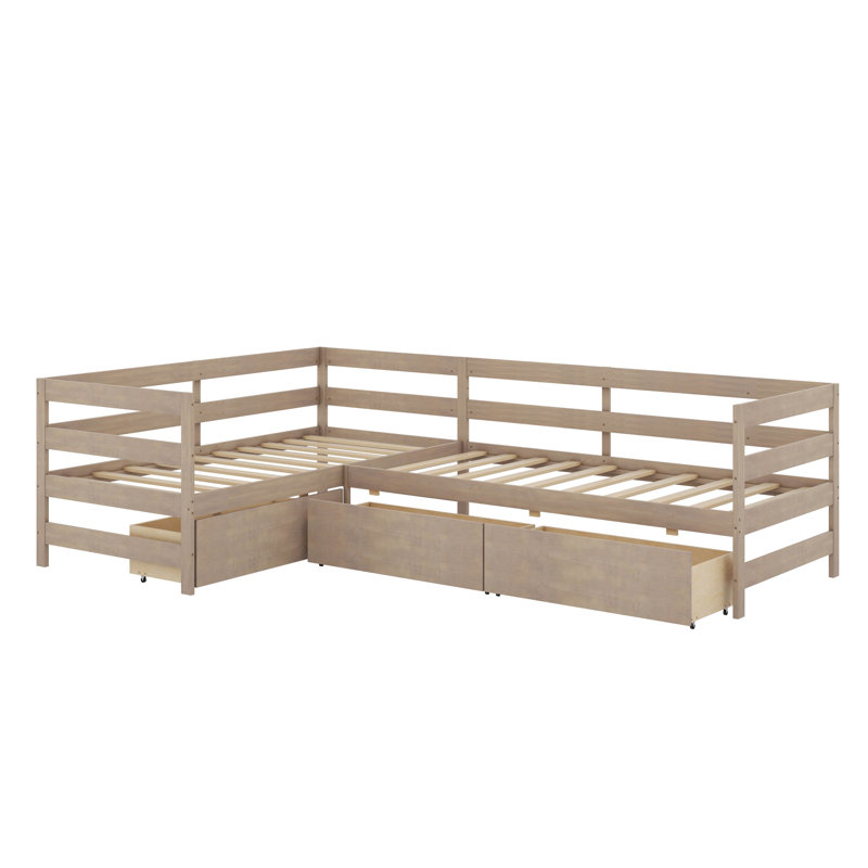Lit plateforme simple en L avec tiroirs, Naturel