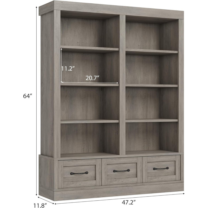 64" H Tall Bookcshelf with 3 Storage Drawers, Tall Bookcase w/ 4 Tier Double Wide Open Shelf, Large Storage Bookcase Wooden Deep Bookshelves for Library Office Living Room