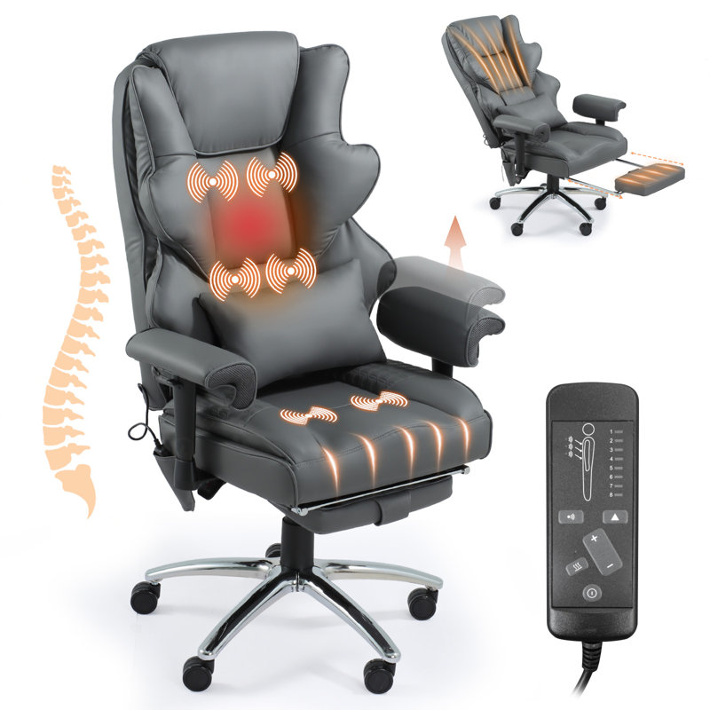 6-Point Massage & Heating Office Chair High Back Executive Ergonomic Chair With Lumbar Support (PU Leather), Gray