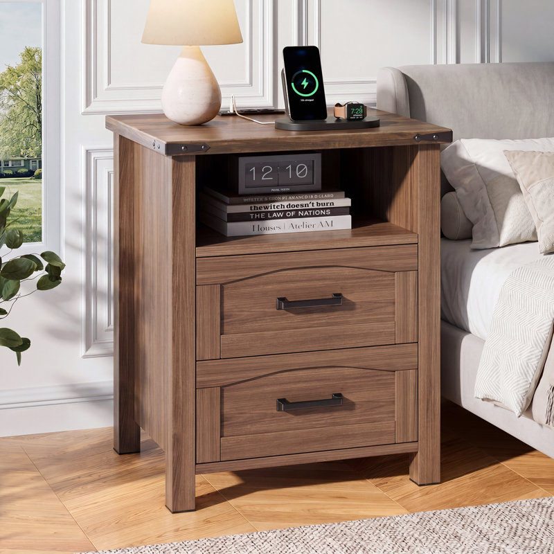 18'' Farmhouse End Table With Power Outlets And USB-C, Modern Walnut Wood Nightstand With 2 Drawers And Lower Storage Shelf