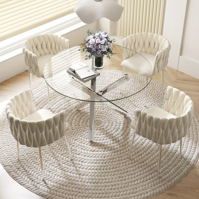 Ayron Round Restaurant Dining Set, Clear Dining Table with Cross Legs with Velvet Dininig Chair for Small Space and Dining Room