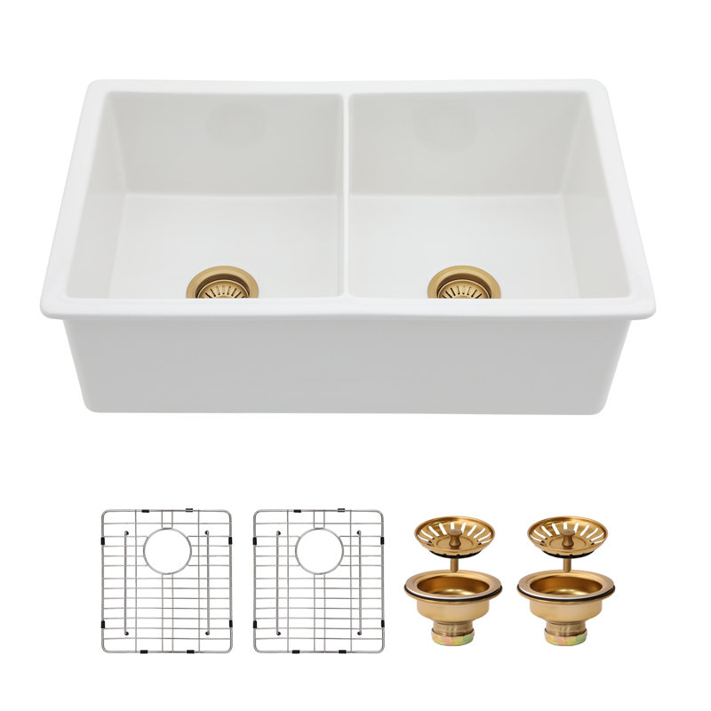 Évier de cuisine rectangulaire encastré 32 po x l 19 po x l 10 po en céramique blanc avec accessoires
