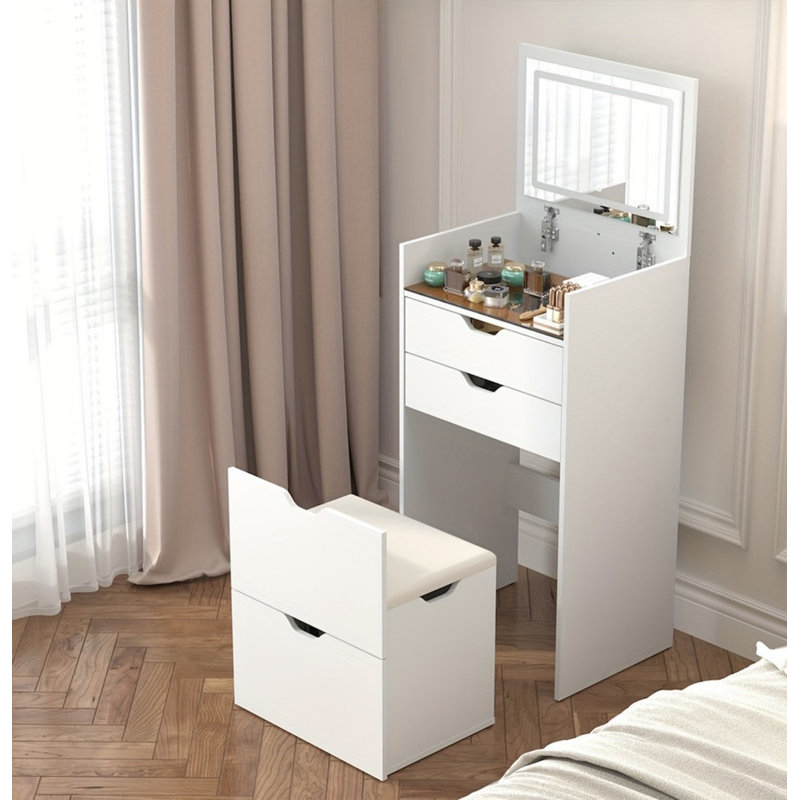 Dressing Table and Stool, 3-in-1 Multifunctional Dressing Table Set, Featuring Three-color Lighting Modes, HD Mirror, Two Sliding Drawers, and a Hidden Storage Stool