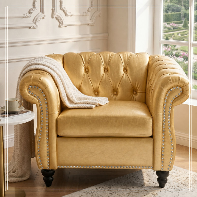 Canapé simple en polyuréthane avec décoration cloutée et dossier capitonné, Gold
