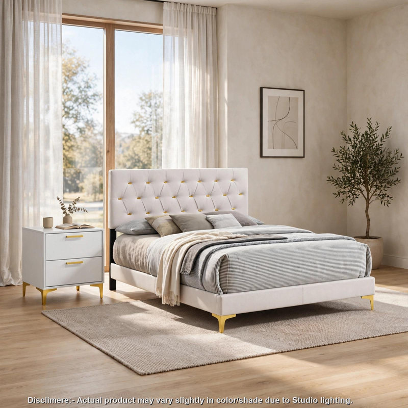 Ensemble de chambre à coucher Queen, velours blanc et or, ensemble de 2 pièces avec table de chevet