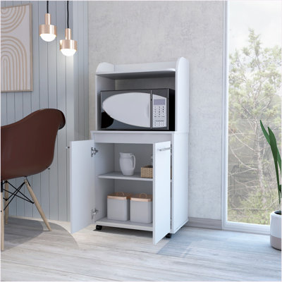 Chariot de cuisine H 49 po avec armoire à deux portes, tablette ouverte, tablettes intérieures | Blanc neige | Panneau de particules