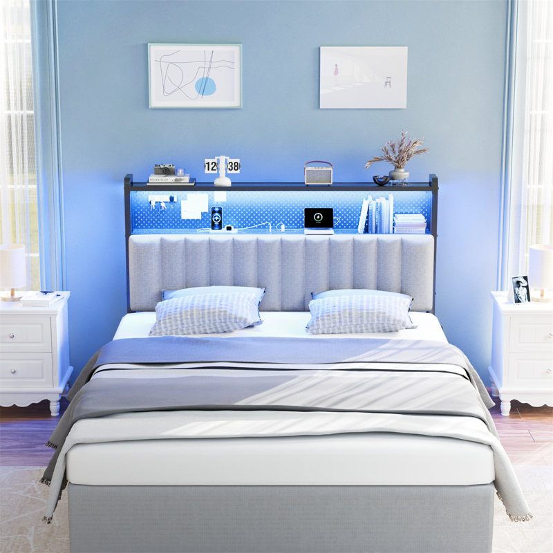 Queen Size Headboard, Adjustable Upholstered Headboard With 2 Tier Shelves And Pegboard With Charging Stations And LED Lights, Modern Bed Headboard With Storage Linen And Light Gray