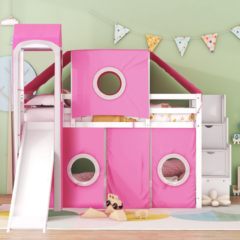 Loft Bed with Tent and Tower - Space-Saving Design for Kids, Durable and Fun, Full, Pink