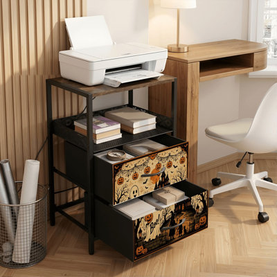 Table de chevet 2 tiroirs avec station de charge, table de chevet pour chambre avec ports USB, tablette ouverte noire, table de chevet avec scène d'Halloween