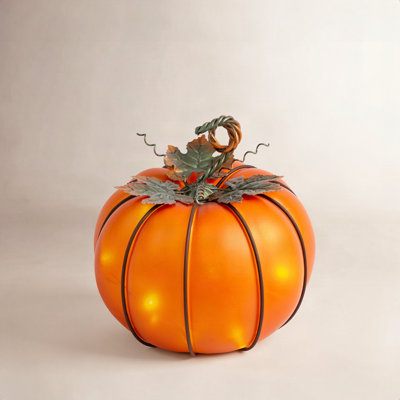 Lighted Metal & Glass Pumpkin with Timer 9"D