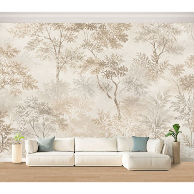 Wall Mural Peel and Stick Wallpaper Soft Botanical Forest Delicate Tree Silhouettes Neutral Beige Vintage Self-Adhesive Removable Contact Paper Wall Decor for Living Room Bedroom 100"H x 144"W