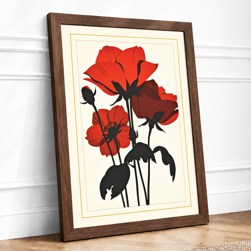 Red Roses In Black Botanical - Print, Walnut, A1 - 84.1 x 59.4 cm
